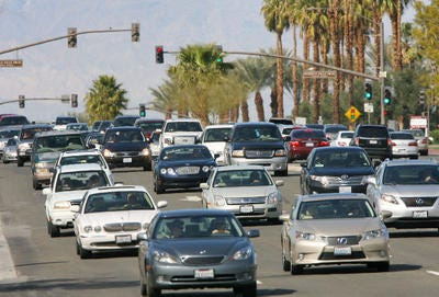 Traffic is shown on Highway 111 at Fred Waring Drive in this Desert Sun file photo. Road work is scheduled to cause delays at the Palm Desert intersection Wednesday and Thursday mornings.