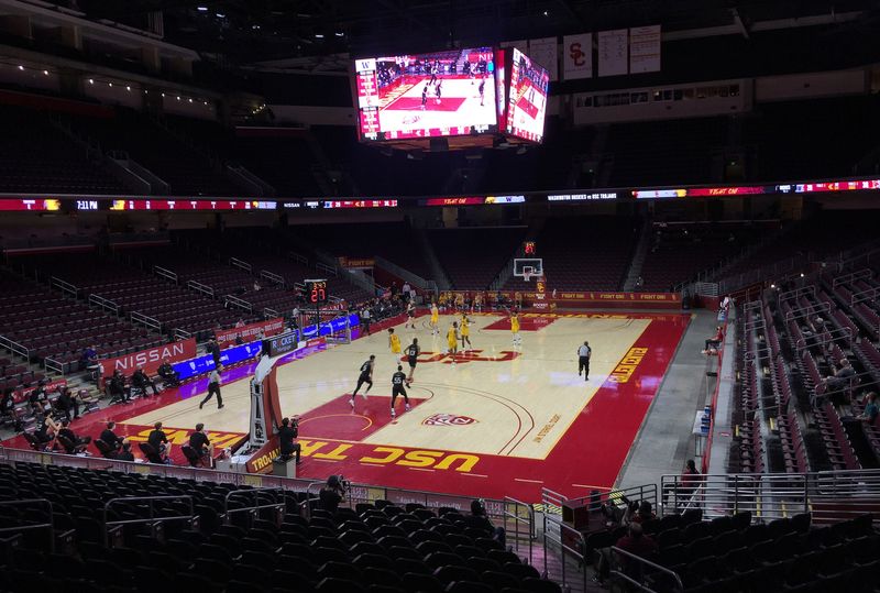 Jan 14, 2021; Los Angeles, California, USA; General view of game action between the Southern California Trojans and Washington Huskies during the first half at Galen Center. The event is being held behind closed doors due to the COVID-19 pandemic. Mandatory Credit: Gary A. Vasquez-USA TODAY Sports