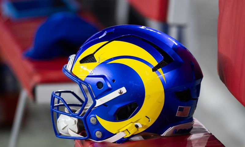 Jan 13, 2025; Glendale, AZ, USA; Detailed view of a Los Angeles Rams helmet during an NFC wild card game at State Farm Stadium. Mandatory Credit: Mark J. Rebilas-Imagn Images