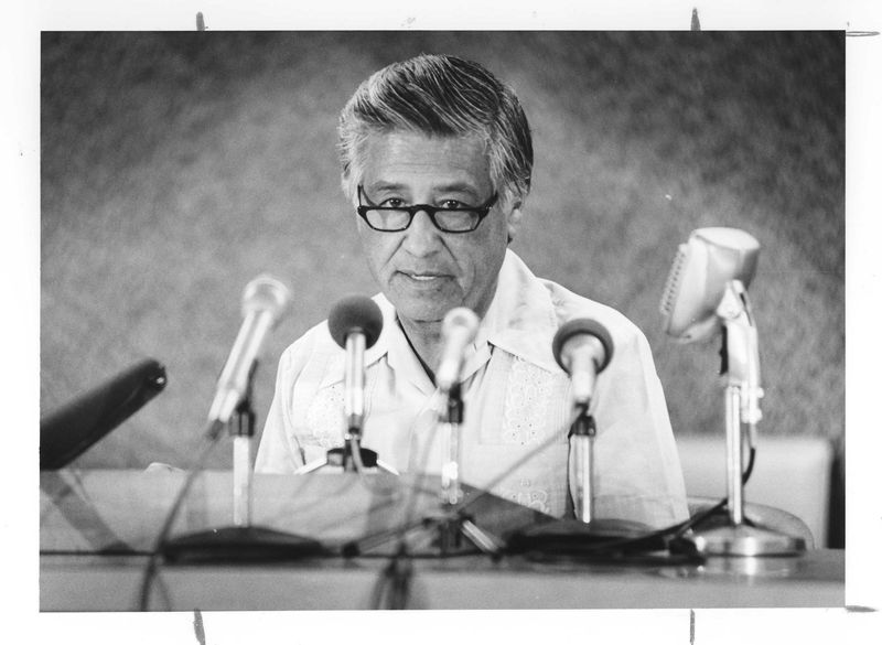 Cesar Chavez, head of the United Farm Workers Union, speaks out on labor issues in March 1989.