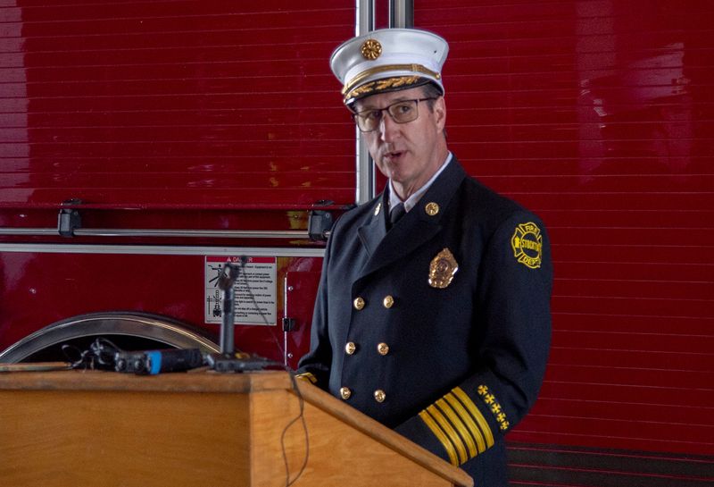 Stockton Fire Chief Richard Edwards speaks at a dedication ceremony for a new truck company at Fire Station 7 in north Stockton on Wednesday, March 19, 2025.