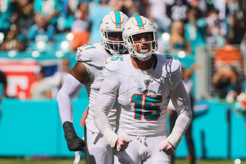Sep 8, 2024; Miami Gardens, Florida, USA; Miami Dolphins linebacker Jaelan Phillips (15) celebrates after sacking Jacksonville Jaguars quarterback Trevor Lawrence (not pictured) during the fourth quarter at Hard Rock Stadium. Mandatory Credit: Sam Navarro-Imagn Images