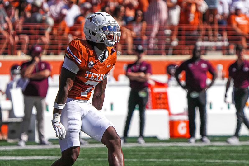 Texas Longhorns defensive back Jahdae Barron (7) celebrates a defensive stop during the game against Mississippi State at Darrell K Royal-Texas Memorial Stadium in Austin Saturday, Sept. 28, 2024.