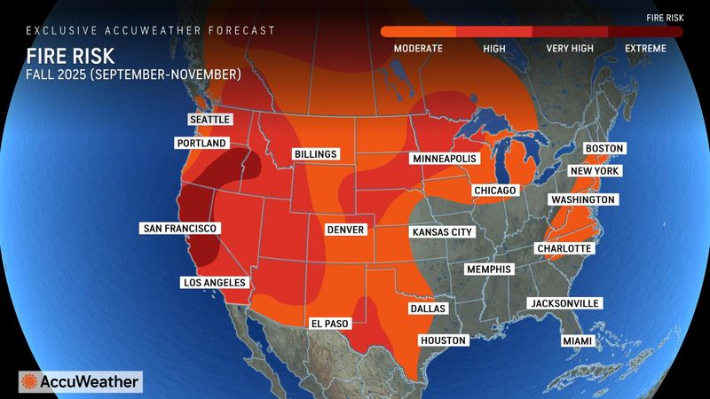 AccuWeather's 2025 fall wildfire risk map.
