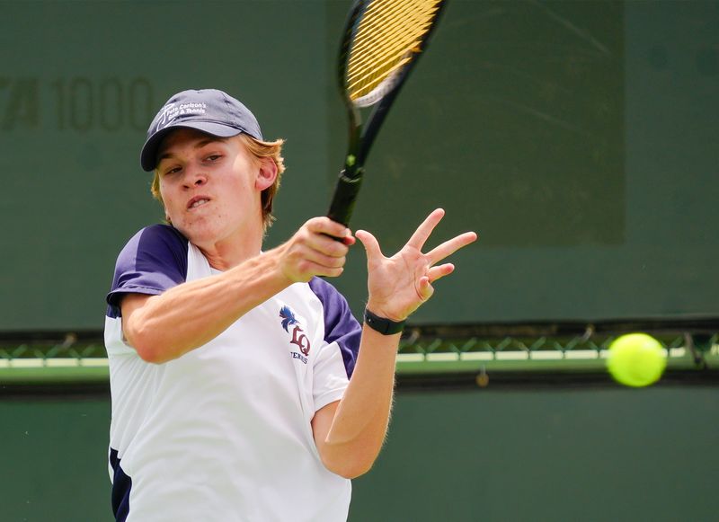 James Allmon, of La Quinta High School, hits a shot during the Desert Empire League semifinal match against Lucas Nettimi at the Indian Wells Tennis Garden in Indian Wells, Calif., April 30, 2025.