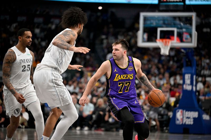 Apr 9, 2025; Dallas, Texas, USA; Los Angeles Lakers guard Luka Doncic (77) brings the ball up court against Dallas Mavericks forward P.J. Washington (25) and center Dereck Lively II (2) during the third quarter at the American Airlines Center. Mandatory Credit: Jerome Miron-Imagn Images