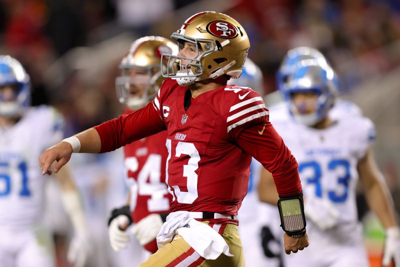 Dec 30, 2024; Santa Clara, California, USA; San Francisco 49ers quarterback Brock Purdy (13) celebrates after scoring a touchdown during the second quarter against the Detroit Lions at Levi's Stadium. Mandatory Credit: Sergio Estrada-Imagn Images