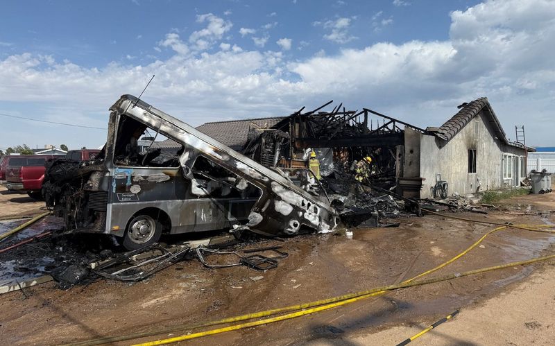 A firefighter was hurt battling an intense fire that tore through a detached garage and a motorhome in the 17700 block of Hercules Street in Hesperia on Saturday, May 31, 2025.