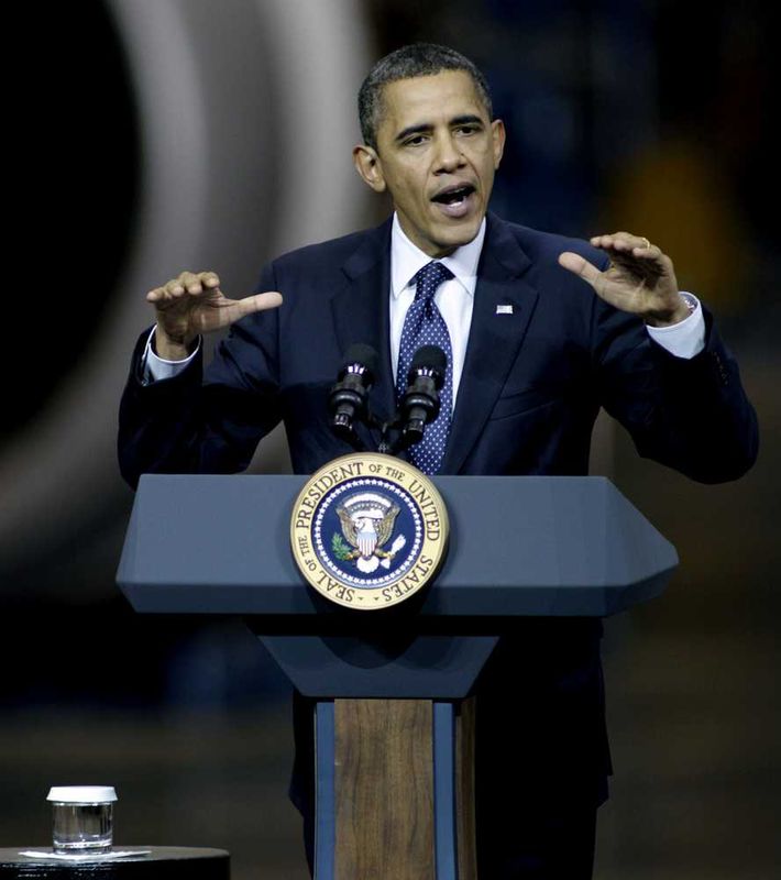 President Barack Obama speaks, Friday, Feb. 17, 2012, at the Boeing Company's 787 airplane assembly facility in Everett, Wash. (AP Photo/Ted S. Warren)
