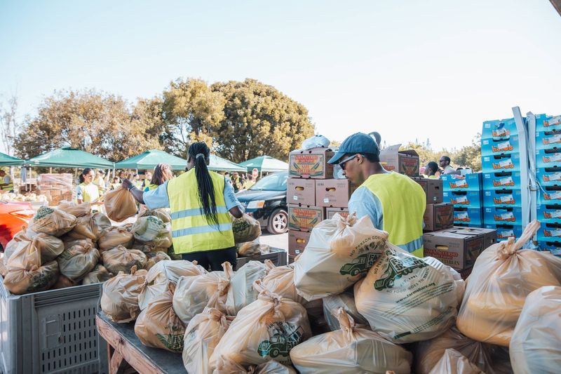 Farm Share volunteers organize and distribute food packages to families during a community event, ensuring that no one goes hungry.