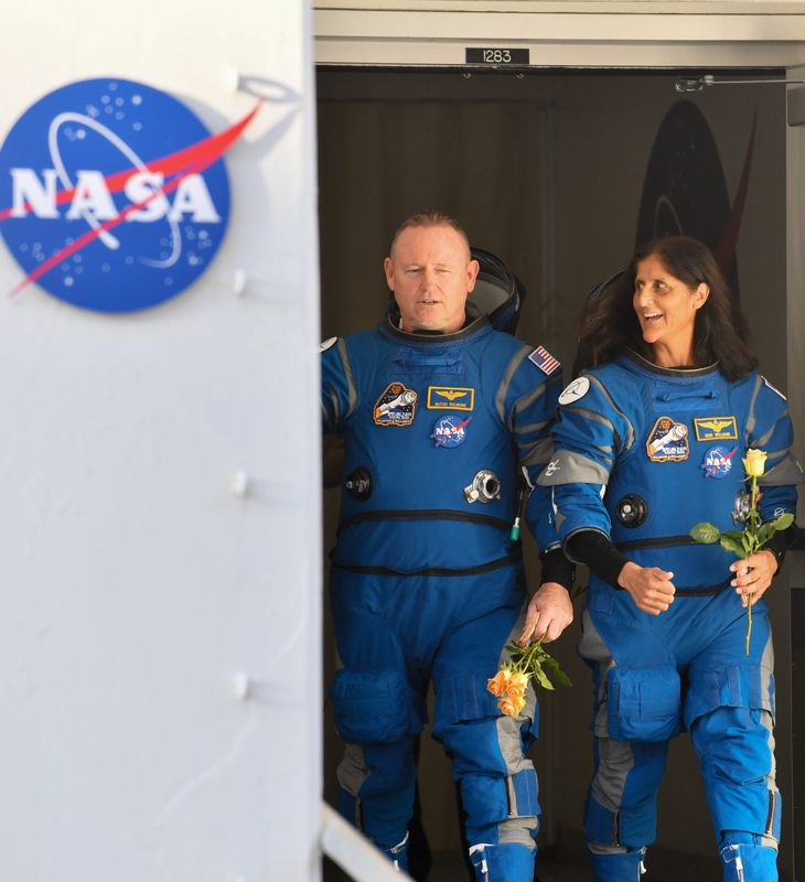 NASA astronauts Suni Williams and Butch Wilmore say goodbye to friends and family as they leave astronaut crew quarters on their way to the launch pad Wednesday, June 5, 2024. The two are scheduled to ride to the International Space Station aboard Boeing’s Starliner capsule. Craig Bailey/FLORIDA TODAY via USA TODAY NETWORK