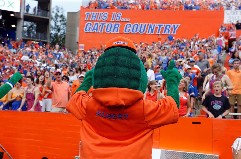 Sep 28, 2019; Gainesville, FL, USA; Florida Gators mascot, Albert, cheers with fans during the second half against the Towson Tigers at Ben Hill Griffin Stadium. Mandatory Credit: Kim Klement-USA TODAY Sports