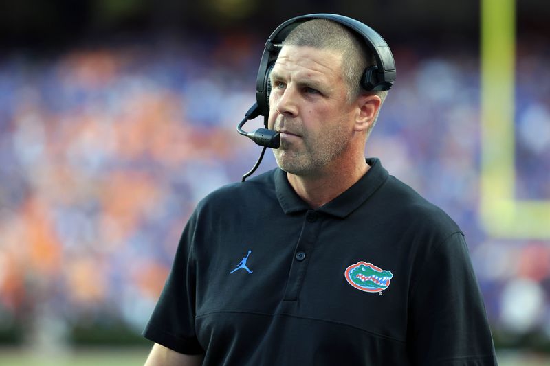 Sep 16, 2023; Gainesville, Florida, USA; Florida Gators head coach Billy Napier against the Tennessee Volunteers during the first quarter at Ben Hill Griffin Stadium. Mandatory Credit: Kim Klement Neitzel-USA TODAY Sports
