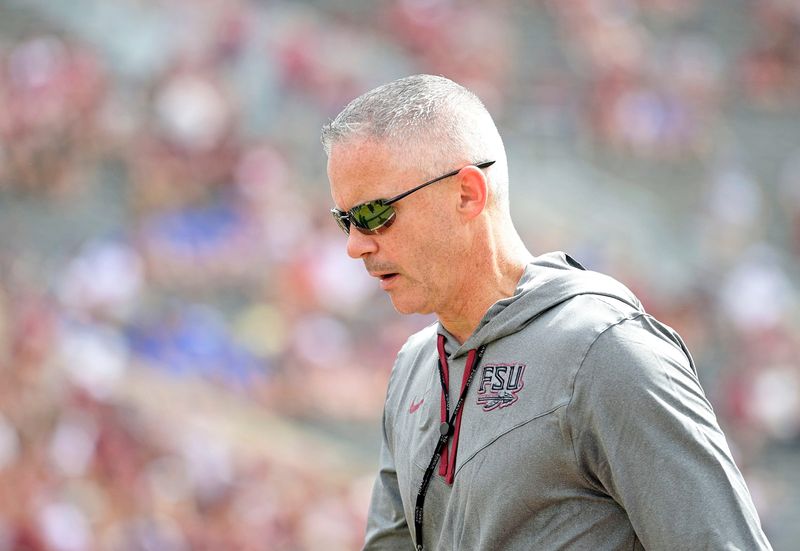 Sep 14, 2024; Tallahassee, Florida, USA; Florida State Seminoles head coach Mike Norvell before a game against the Memphis Tigers at Doak S. Campbell Stadium. Mandatory Credit: 
Melina Myers-Imagn Images