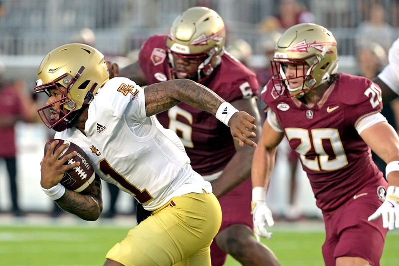 Sep 2, 2024; Tallahassee, Florida, USA; Boston College Eagles quarterback Thomas Castellanos (1) runs the ball during the first quarter against the Florida State Seminoles at Doak S. Campbell Stadium. Mandatory Credit: Melina Myers-USA TODAY Sports