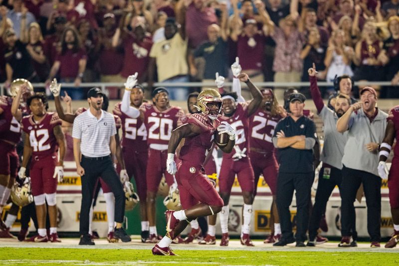 Florida State Seminoles running back Trey Benson (3) runs the ball down to the end zone at kickoff for the first touchdown of the night for the Seminoles. The Florida State Seminoles lead the Boston College Eagles at the half 31-0 Saturday, Sept. 24, 2022.
© Alicia Devine/Tallahassee Democrat / USA TODAY NETWORK