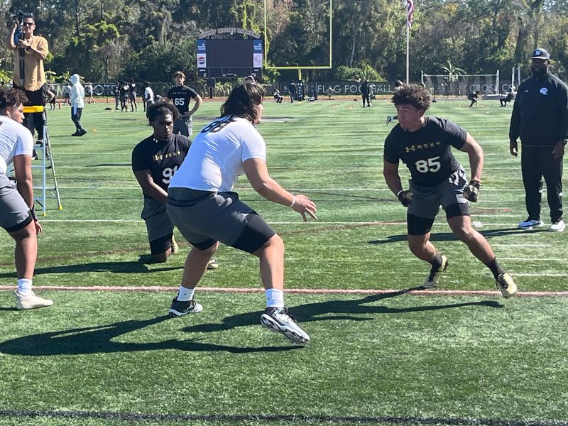 The First Academy edge rusher Kingston Shaw (85) goes up against Jones offensive tackle Xavier Payne during the Under Armour Next camp on Sunday, Feb. 23 at Bishop Moore High School in Orlando.