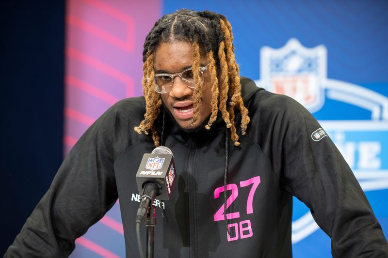 Feb 27, 2025; Indianapolis, IN, USA; East Carolina defensive back Shavon Revel (DB27) during the 2025 NFL Combine at Lucas Oil Stadium. Mandatory Credit: Tanner Pearson-Imagn Images