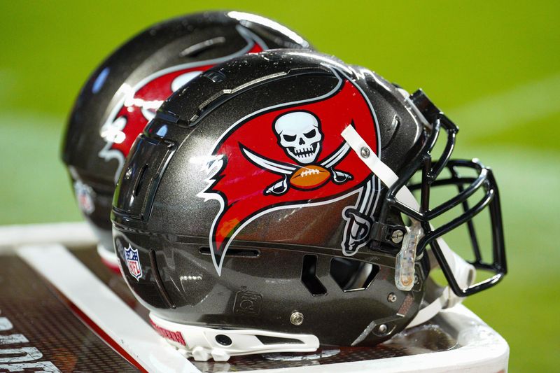 Nov 4, 2024; Kansas City, Missouri, USA; A general view of Tampa Bay Buccaneers helmets against the Kansas City Chiefs during the first half at GEHA Field at Arrowhead Stadium. Mandatory Credit: Denny Medley-Imagn Images
