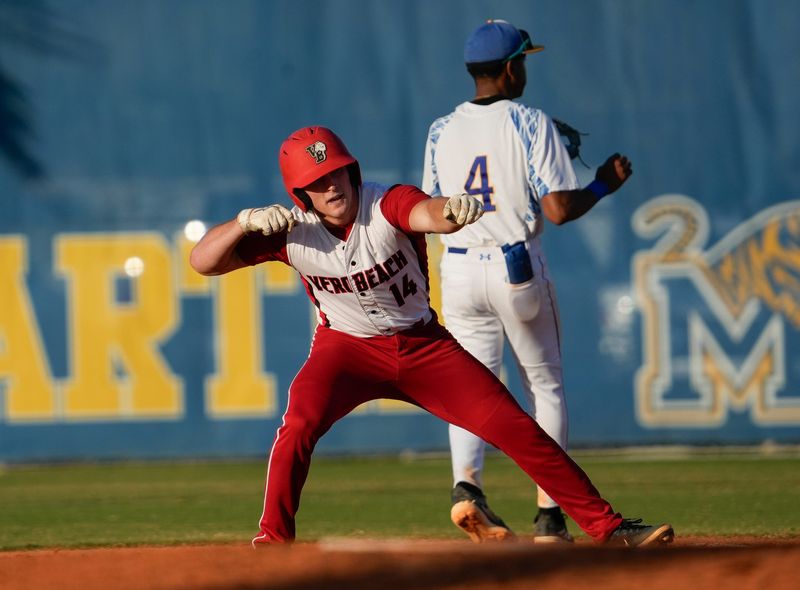Vero Beach's Cole Morgan celebrates a double in a high school baseball game against Martin County on Wednesday, March 26, 2025, in Stuart.