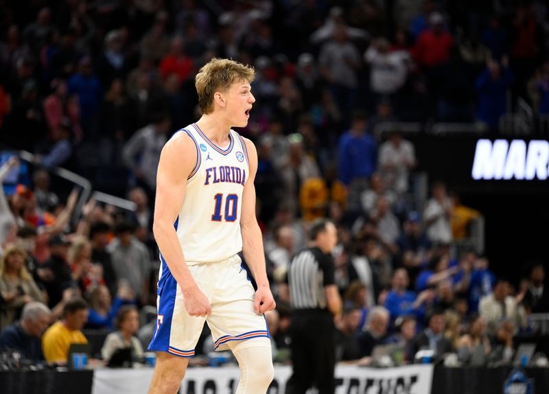 Mar 29, 2025; San Francisco, CA, USA; Florida Gators forward Thomas Haugh (10) celebrates defeating the Texas Tech Red Raiders during the West Regional final of the 2025 NCAA tournament at Chase Center. Mandatory Credit: Eakin Howard-Imagn Images