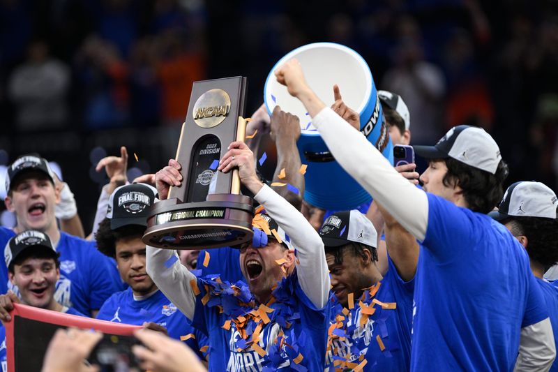 Mar 29, 2025; San Francisco, CA, USA; Florida Gators head coach Todd Golden celebrates after defeating the Texas Tech Red Raiders during the West Regional final of the 2025 NCAA tournament at Chase Center. Mandatory Credit: Eakin Howard-Imagn Images