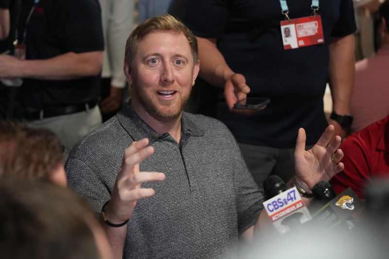 Mar 31, 2025; Palm Beach, FL, USA; Jacksonville Jaguars head coach Liam Coen attends the NFL Annual League Meeting at The Breakers. Mandatory Credit: Jim Rassol-Imagn Images