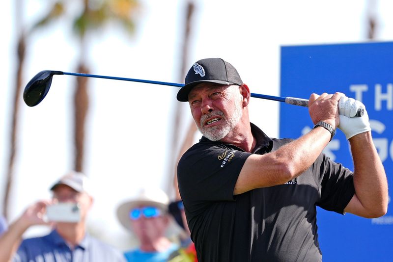 Darren Clarke tees off on 1 to start the final round of The Galleri Classic at Mission Hills Country Club in Rancho Mirage, Calif., Sunday, March 30, 2025.