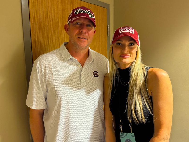 Jason and Krystle Kitts, parents of South Carolina women's basketball star Chloe Kitts, hang out in their suite before the Gamecocks' Final Four game against Texas on Friday, April 4, 2025, at Amalie Arena in Tampa, Florida.