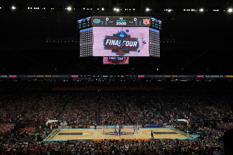 Apr 5, 2025; San Antonio, TX, USA; An overall view of the Florida Gators and Auburn Tigers during the first half in the semifinals of the men's Final Four of the 2025 NCAA Tournament at Alamodome. Mandatory Credit: Scott Wachter-Imagn Images
