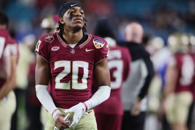 Dec 30, 2023; Miami Gardens, FL, USA;Florida State Seminoles defensive back Azareye'h Thomas (20) reacts after the 2023 Orange Bowl at Hard Rock Stadium. Mandatory Credit: Sam Navarro-USA TODAY Sports