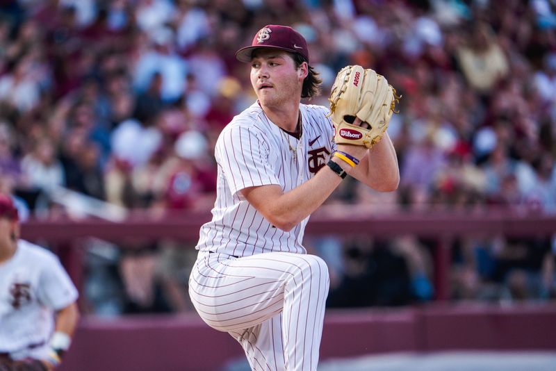 FSU baseball's Jamie Arnold throws a pitch against Clemson on Friday, May 2, 2025 at Dick Howser Stadium