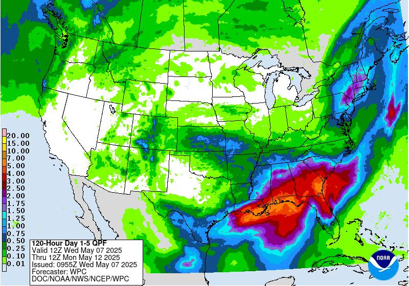 Expected rainfall across Florida May 7-12, 2025.