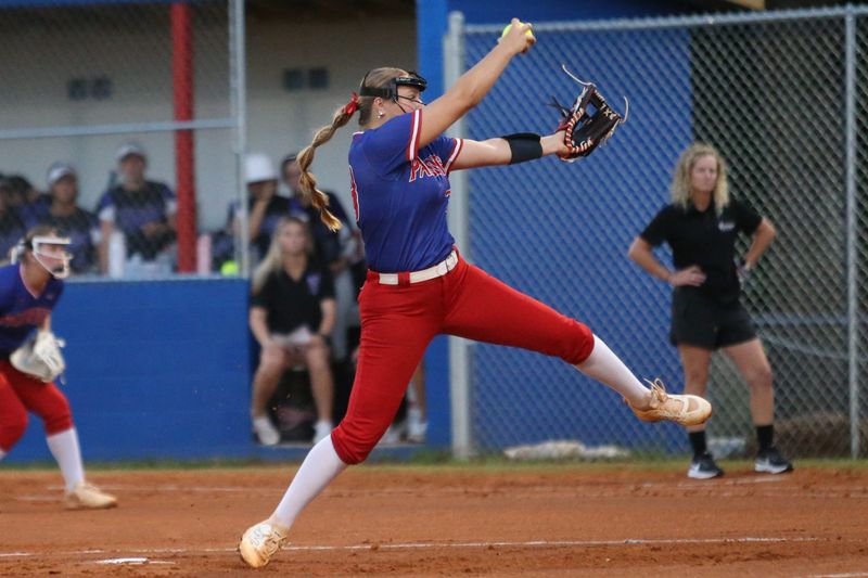Pace's Hannah DeMarcus (33) throws a pitch during the Patriots' win over Fletcher in the Region 1-6A softball quarterfinals on Thursday, May 8, 2025, at Pace High School.