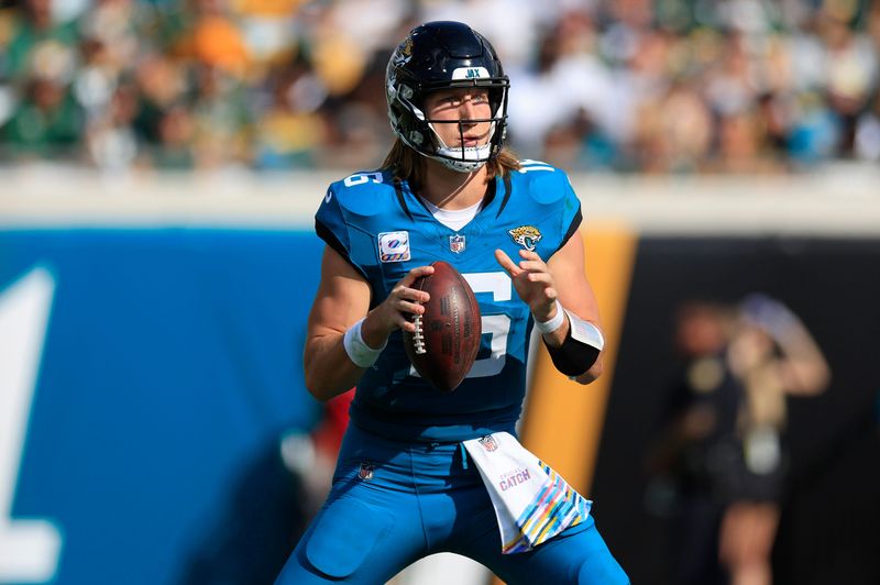 Jacksonville Jaguars quarterback Trevor Lawrence (16) looks to pass during the fourth quarter of an NFL football matchup Sunday, Oct. 27, 2024 at EverBank Stadium in Jacksonville, Fla. The Packers edged the Jaguars 30-27 on a last-second field goal. [Corey Perrine/Florida Times-Union]