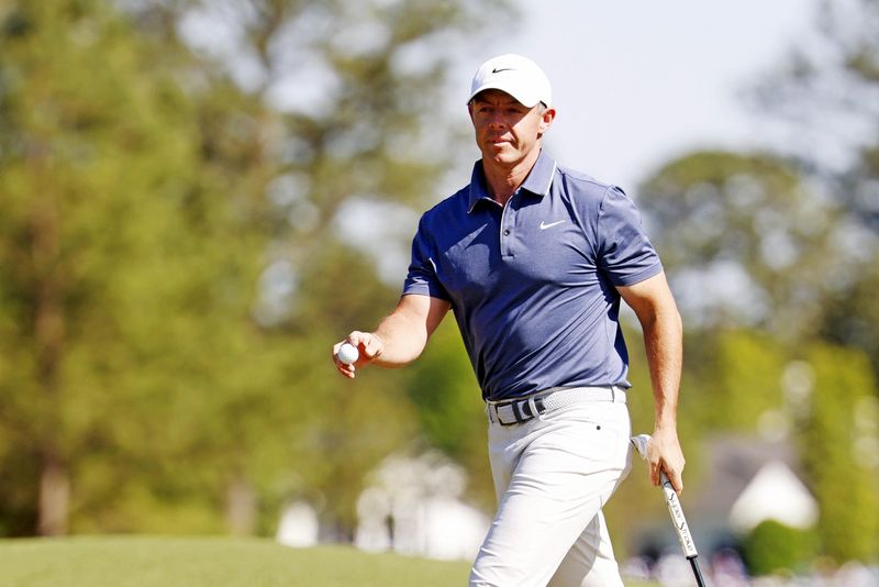 Rory McIlroy plays from the fairway on the eighth green during the final round of the Masters Tournament at Augusta National Golf Club in Augusta, Georgia on April 13, 2025.