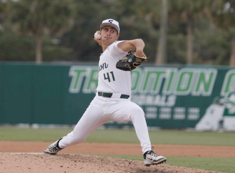 Stetson’s (41) Zane Coppersmith came in to pitch during the top of the 5th inning during the ASUN baseball tournament finals, Sunday, May 25, 2025, at Melching Field in DeLand.