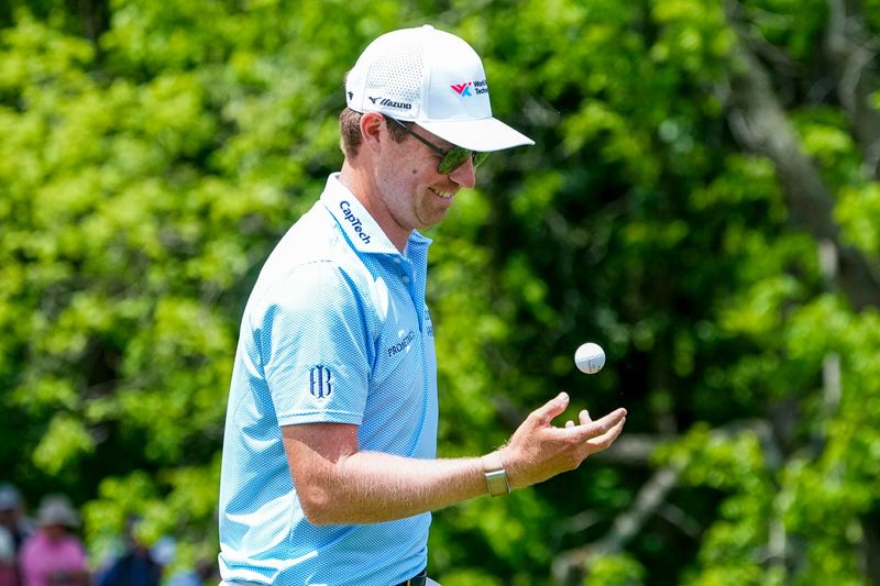 Ben Griffin reacts after sinking his putt on the 18th hole in the first round of the PGA’s Memorial Tournament at Muirfield Village Golf Club on Thursday, May 29, 2025 in Dublin, Ohio.