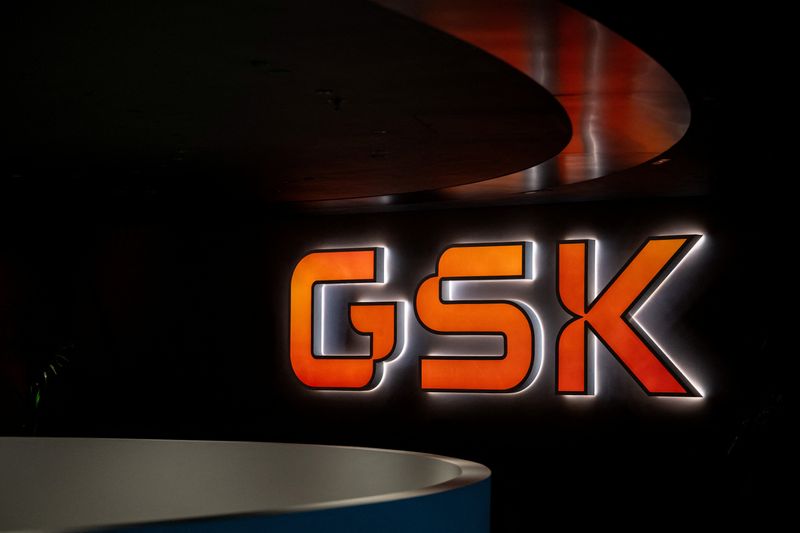Signage is pictured in the main lobby of GSK offices in London, Britain, February 20, 2025. REUTERS/Chris J. Ratcliffe