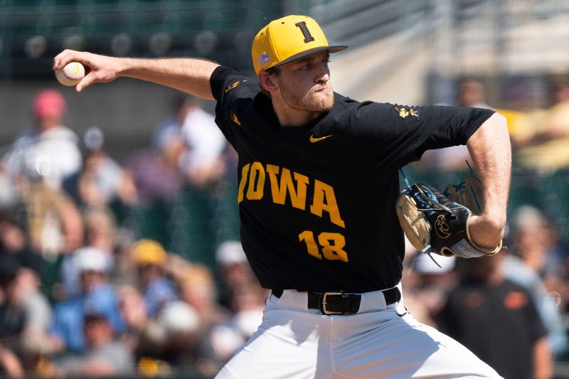 Iowa's Aaron Savary pitches during game 2 of Iowa vs. Oregon State baseball at Principal Park on May 10, 2025, in Des Moines.