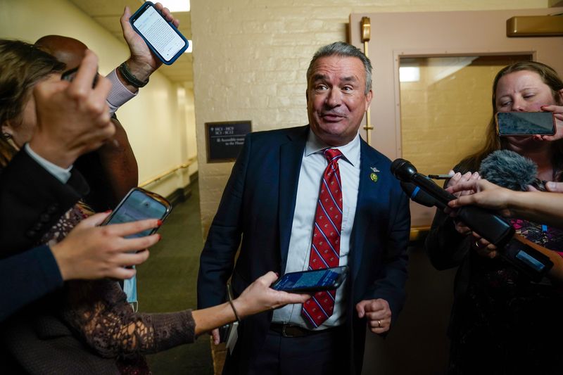 Rep. Don Bacon (R-Neb.) speaking to the media before he enters a GOP conference meeting on Friday, October 20, 2023.