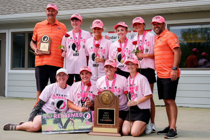 The Ames golf team took first place at the Iowa girls state golf meet May 30, 2025 at Pleasant Valley Golf Course in Iowa City, Iowa.