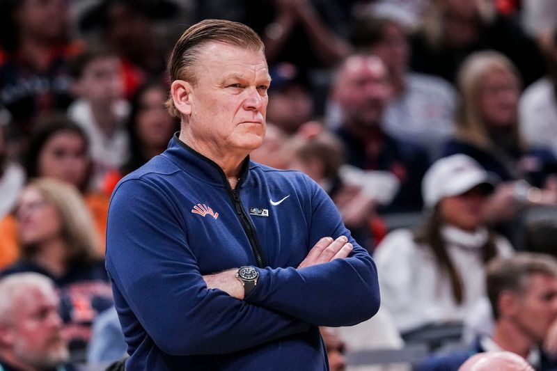 Illinois Fighting Illini head coach Brad Underwood watches the action Friday, March 14, 2025, in a quarterfinals game at the 2025 TIAA Big Ten Men’s Basketball Tournament between the Maryland Terrapins and the Illinois Fighting Illini at Gainbridge Fieldhouse in Indianapolis.