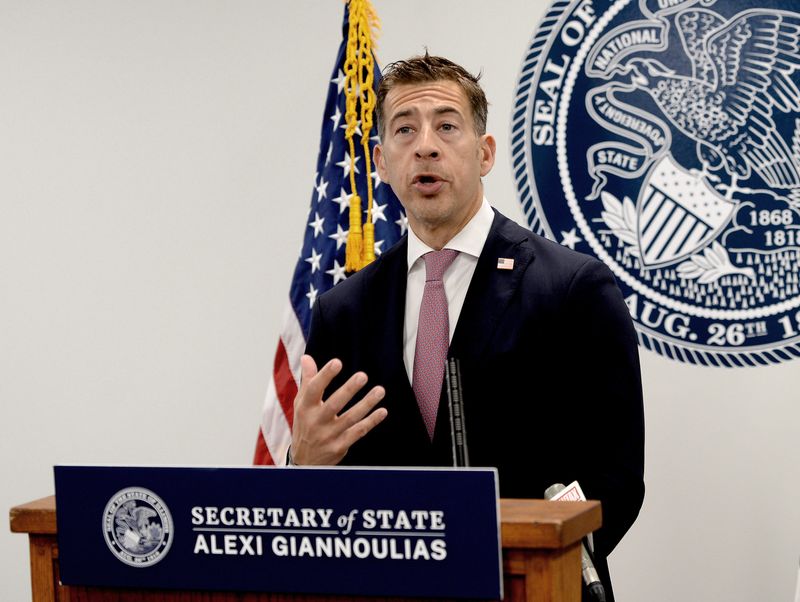 Illinois Secretary of State Alexi Giannoulias speaks during the opening of the new Springfield Flagship Center on Wednesday, May 7, 2025.