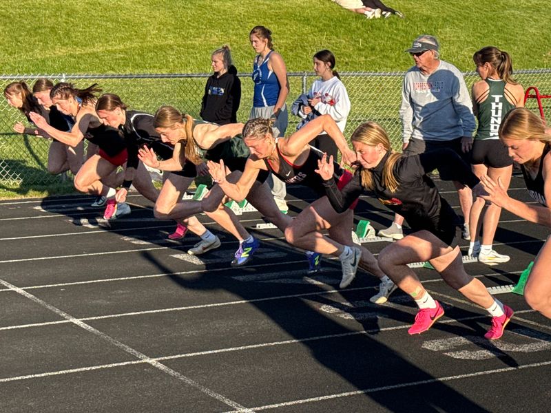 West Carroll star senior Emma Randecker takes off during the 100-meter dash final at the NUIC girls track and field meet on Thursday, May 8, 2025, in Dakota. Randecker won the 100, 200- and 400 races.