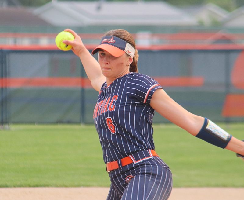 Elena Krause delivers a pitch for Pontiac in its regional title game against LaSalle-Peru. Krause fanned 13 Cavaliers as PTHS won 7-0 on May 30.
