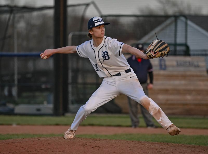 Delta baseball's Zane Cline pitching in the team's home game against Alexandria on Monday, April 10, 2023.