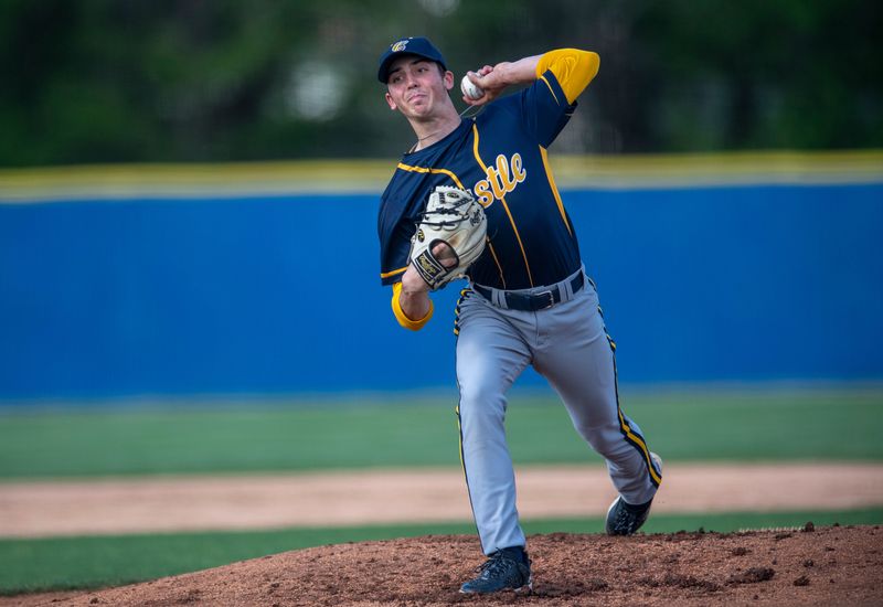 Castle’s Will Coleman (17) pitches as the Castle Knights play the Harrison Warriors in Newburgh, Ind., Thursday, April 18, 2024.