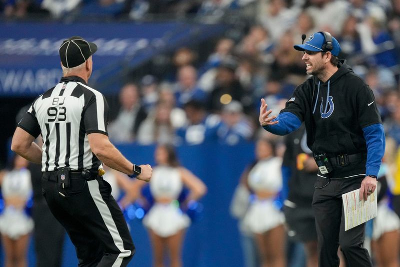 Indianapolis Colts Head Coach Shane Steichen argues a call with officials Sunday, Jan. 5, 2025, during a game against the Jacksonville Jaguars at Lucas Oil Stadium in Indianapolis.