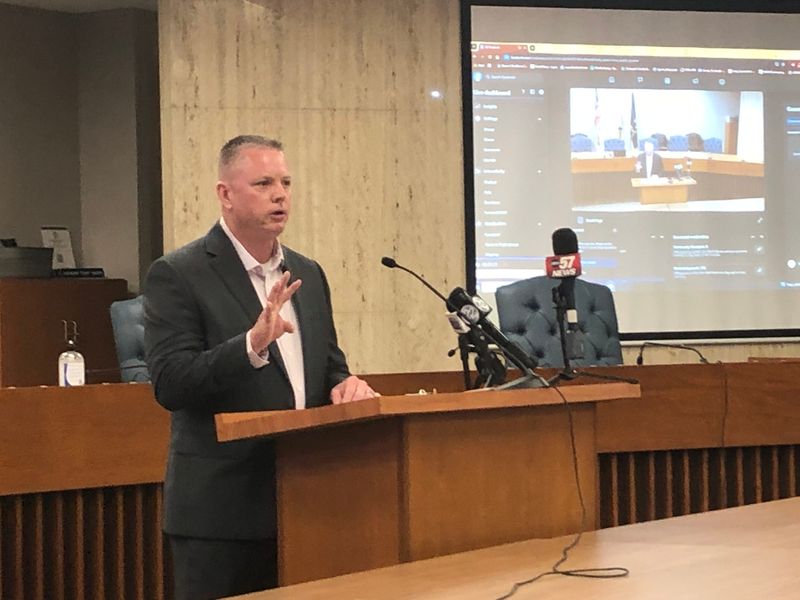 St. Joseph County Assessor Mike Castellon speaks at a press conference in the County-City Building in South Bend on Wednesday, May 7, 2025.